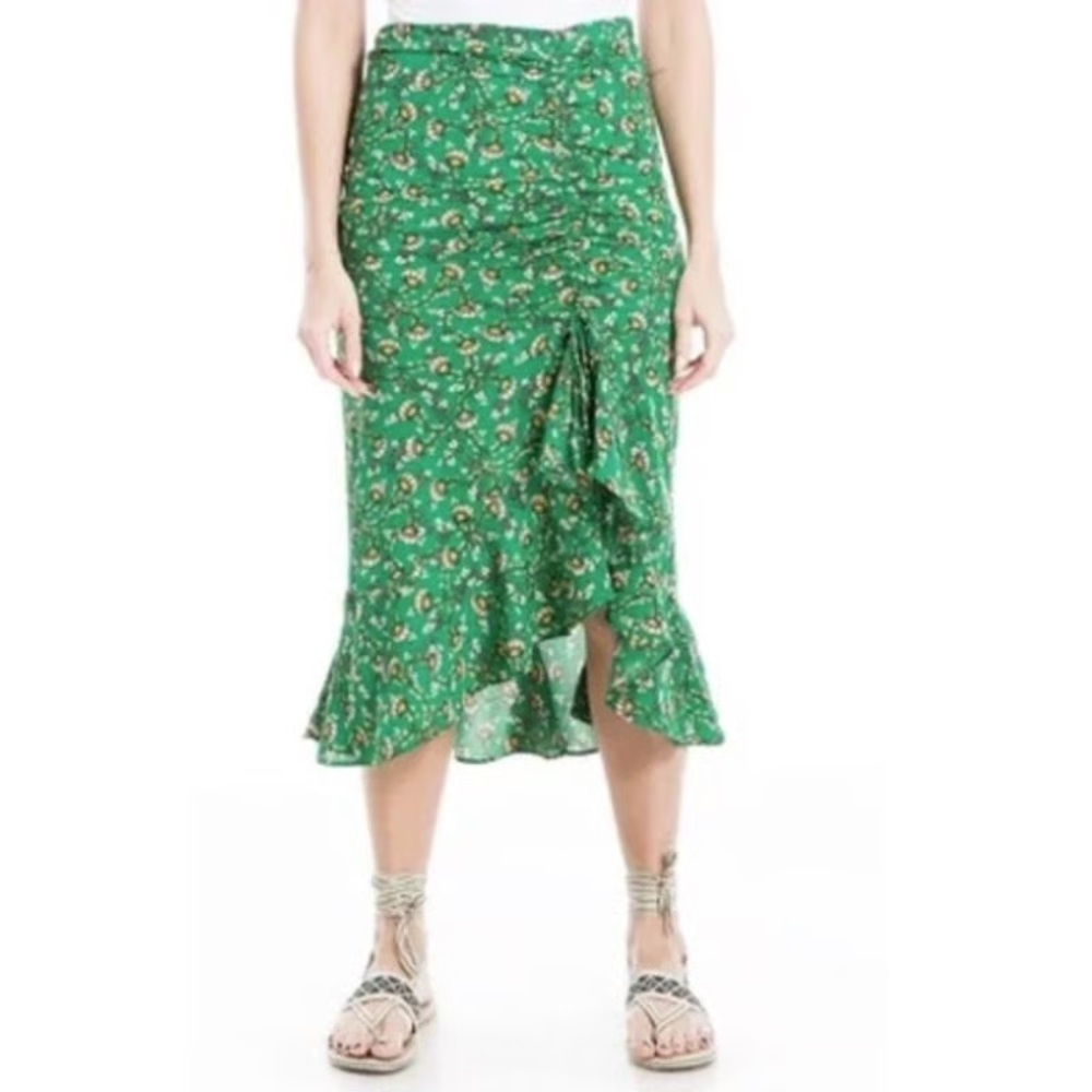 Max Studio Womens Green Floral Fan Cinched Front Ruffle Midi Skirt Size Medium